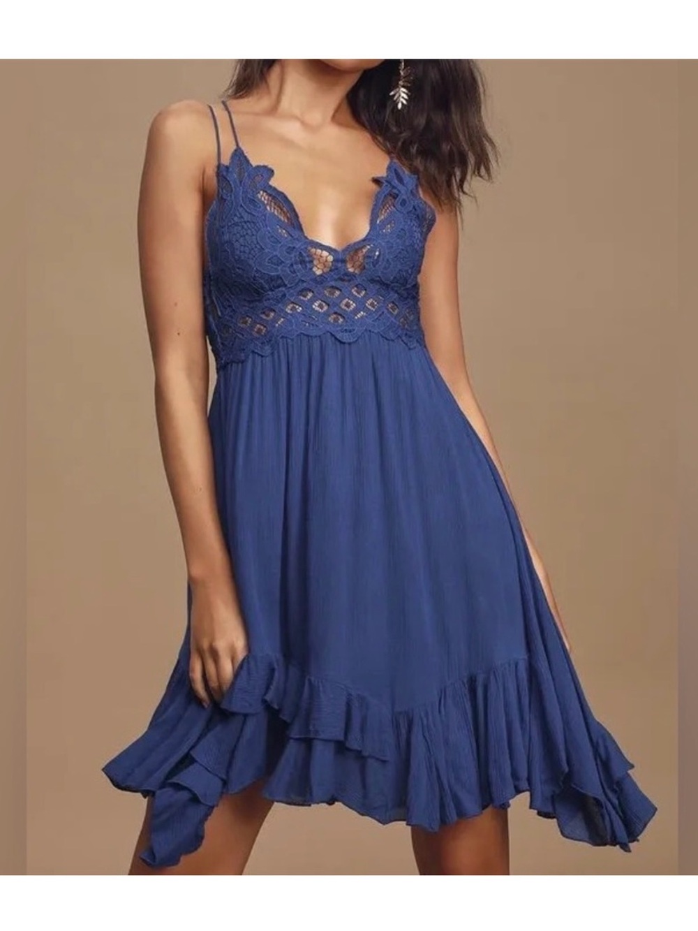 Free People Navy Lace-Trim Slip Chemise